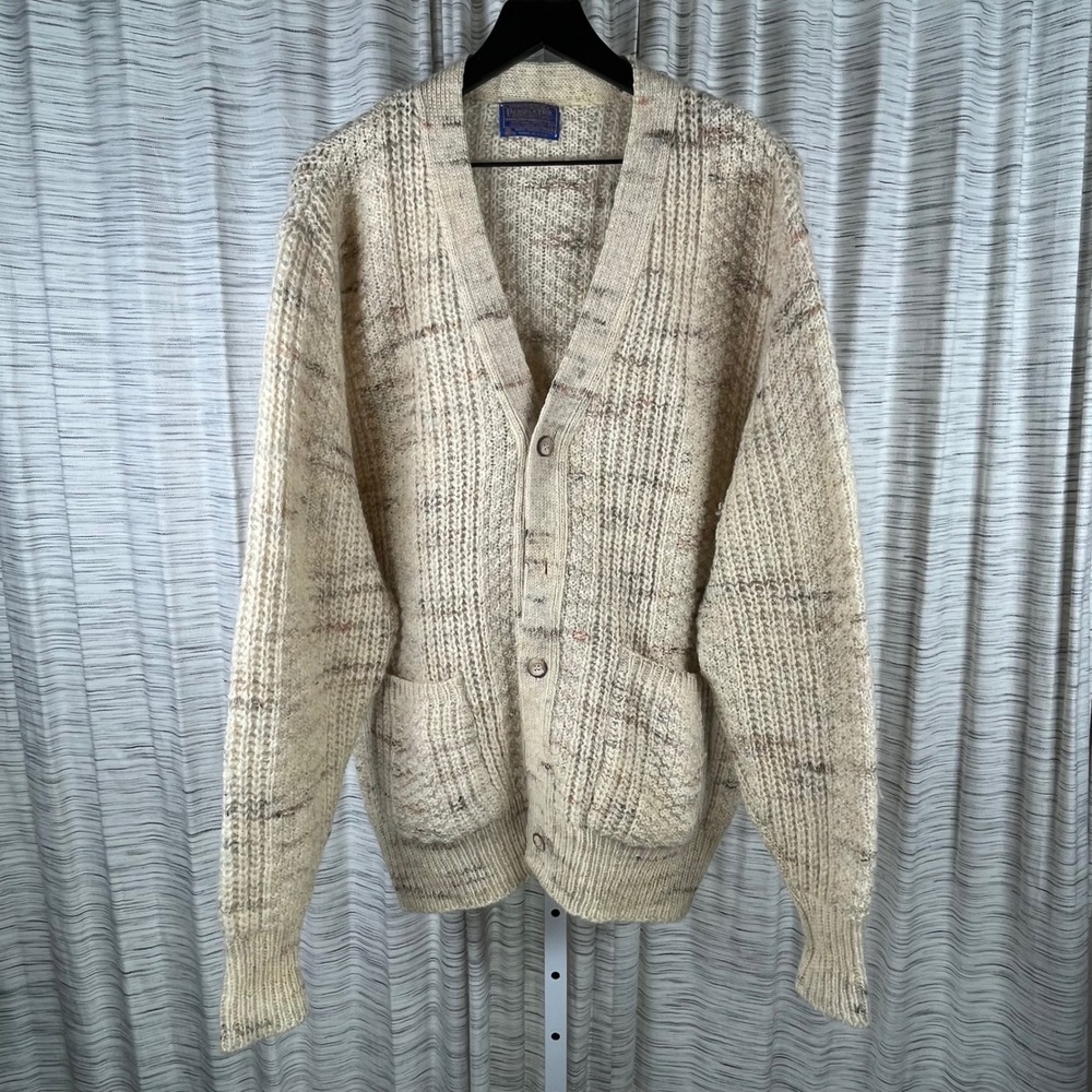 Vintage Pendleton Wool Cardigan Sweater Mens Large Cream Tan Marled Knit USA